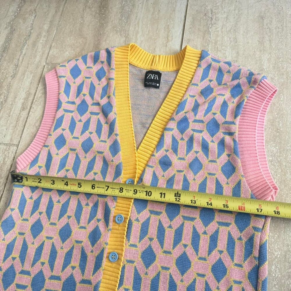 ZARA Contrast Jacquard Knit Sweater Vest Pastel Geometric Retro Y2K Pink S indie - Picture 6 of 8
